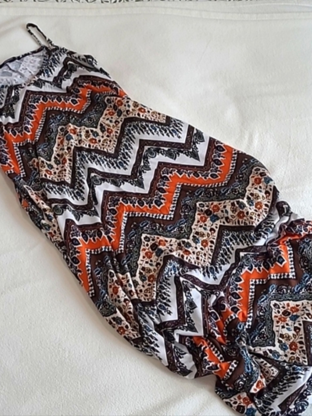 Zigzag Print Maxi Dress in Orange, Black & White with Pockets